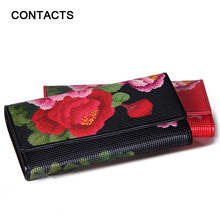 2016 New Arrival Women’s Wallet Genuine Leather Floral Print Tri-fold Long Ladies Purses With Zipper Coin Pocket Card Holder Bag