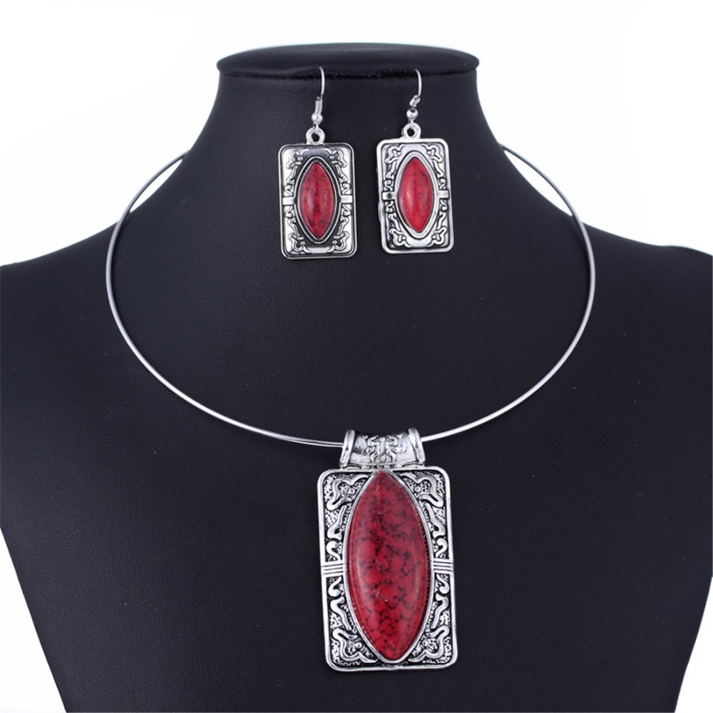 Fashion Geometric Red Stone Pendent Silver Choker ...