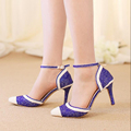 Sexy Blue Rhinestone Pointed Toe Bride Shoes Ankle Straps Gorgeous Wedding Evening Party Pumps Fashion Handmade