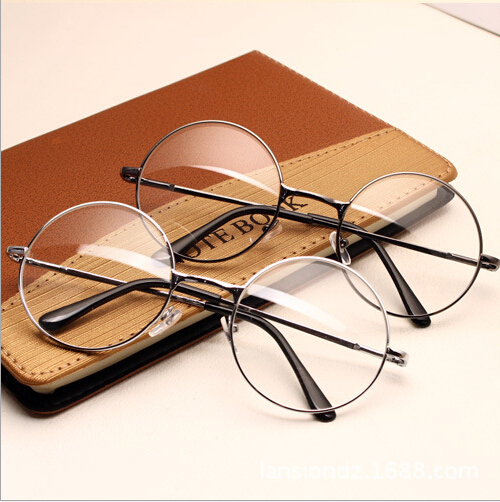 Image of Women Vintage Glasses Frame Plain Mirror Big Round Metal Optical Frame For Girl Eyeglass Clear Lens oculos feminino de grau AL-2