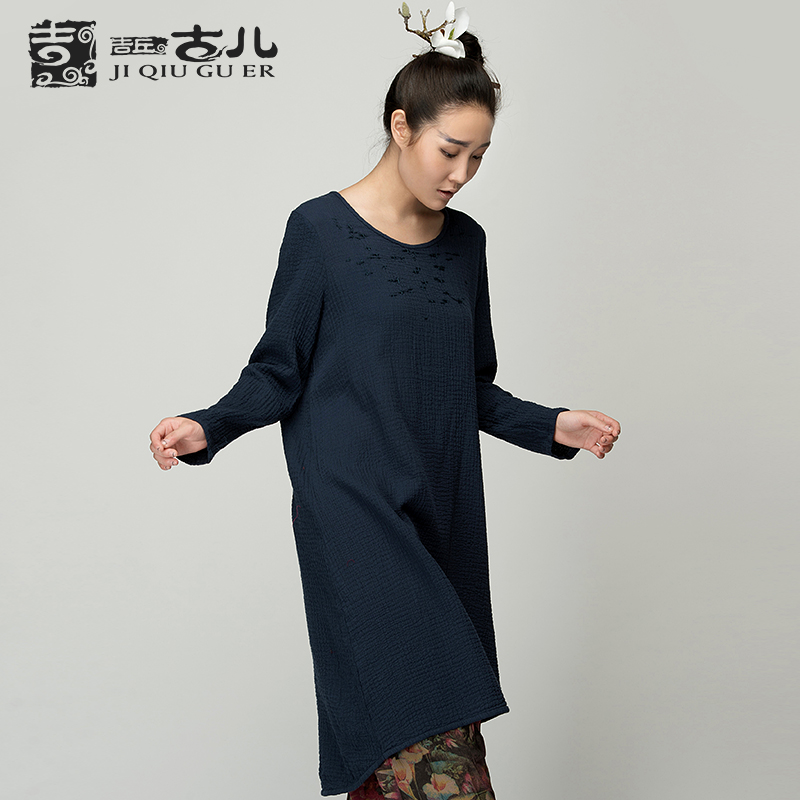 Vintage national trend long-sleeve women's o-neck pullover loose solid color asymmetrical one-piece dress