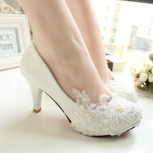 Handmade lace wedding shoes white bridal shoes bridesmaid shoes banquet dress shoes women pumps 8.5cm large size 41-42