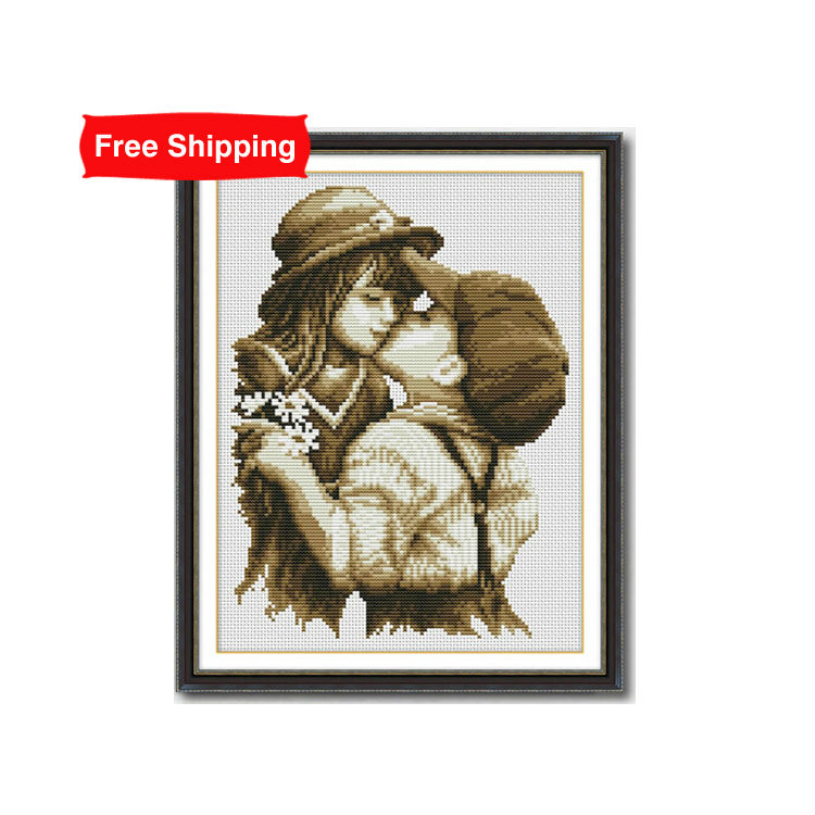 Image of DMC Cross Stitch First Romantic Kiss Patterns Counted Embroidery Cross Kits Needlework Embroidery Thread Painting Art Home Decor