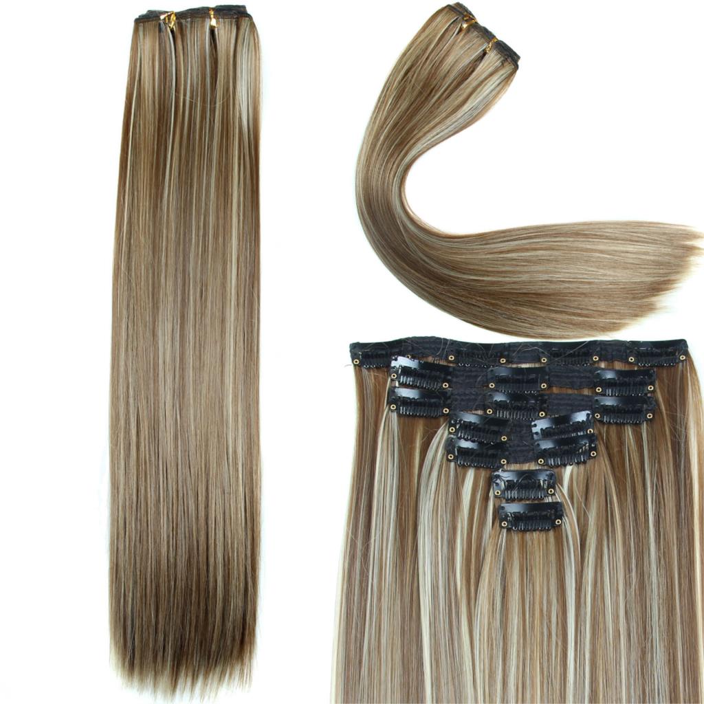 Image of Long Straight Hair Extension 23inch 160g 16 Clips 7pcs/set Synthetic Clip in Hair Extensions Heat Resistant Multicolor Hairpiece