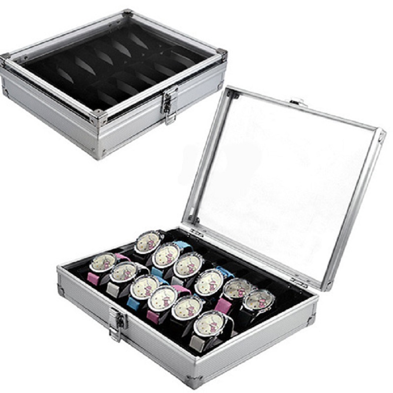 Image of New Silver 12 Grid Jewelry Wrist Watches Display Collection Storage Box Case Aluminium