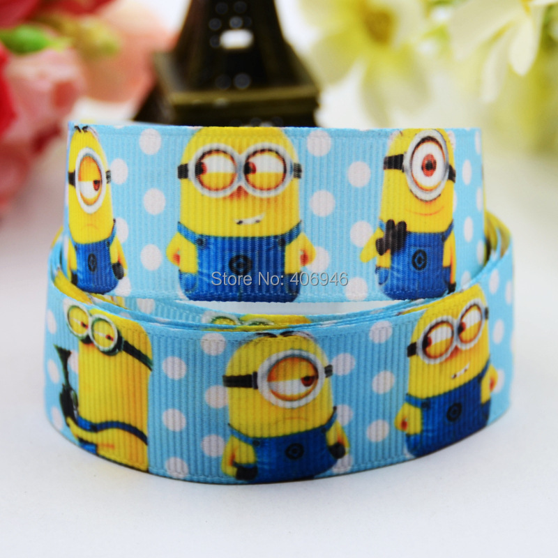 Image of 5Yards 22mm Wide Despicable Me Plush Yellow Minion 3D Ribbon Polka Dot Blue Hairbow Decorative Grosgrain Ribbons Accessories