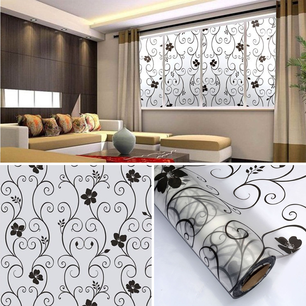 Image of Sweet 45x100cm Frosted Privacy Cover Glass Window Door Black Flower Sticker Film Adhesive Home Decor