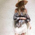 Women Duck egg Blue Pavilion Top Silk Blouse Ruffle Floral Print Spaghetti Strap Blouse Pavilion Off