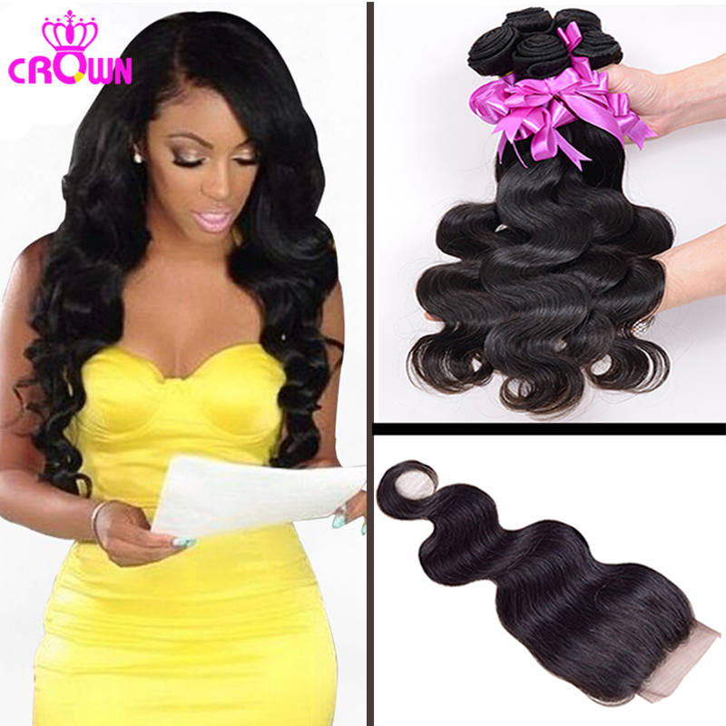 Image of 7A Malaysian Virgin Hair With Closure 3PCS Malaysian Body Wave Hair Bundles With 1PC Lace Closure 4x4 Part 100% Human Hair Weave