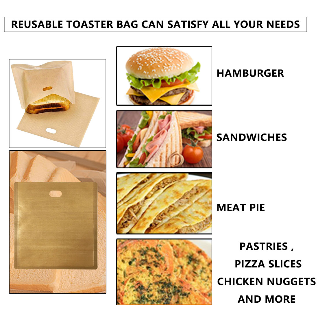 Details about   5PCS Reusable Non Stick Bread Sandwich Bags Toast Microwave Heating Pastry Tools 