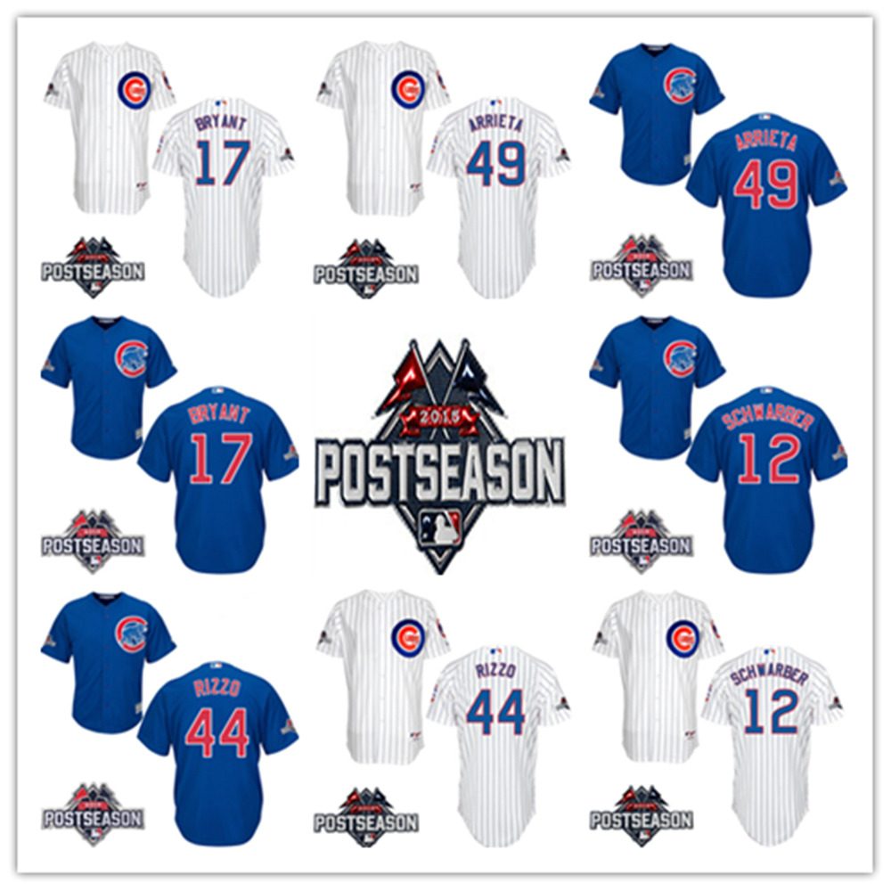 Image of Chicago Cubs 49 Jake Arrieta Jersey,12 Kyle Schwarber Jersey,17 Kris Bryant Jersey,Anthony Rizzo Jersey w/2015 Postseason Patch