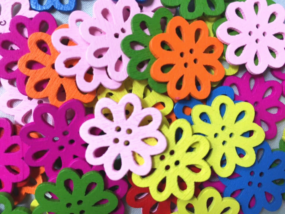 Image of 50pcs New Color Mixed Colored Hollow Flower Wooden Buttons Four Holes Handmade DIY Decoration Sewing Accessories XP0082