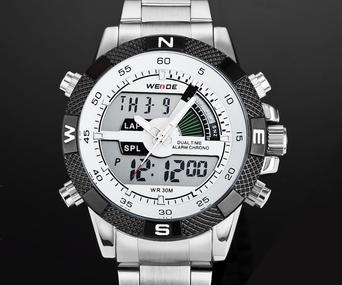 White Face Advanced Sports Watch Analog Digital Alarm Mens Wrist Watch