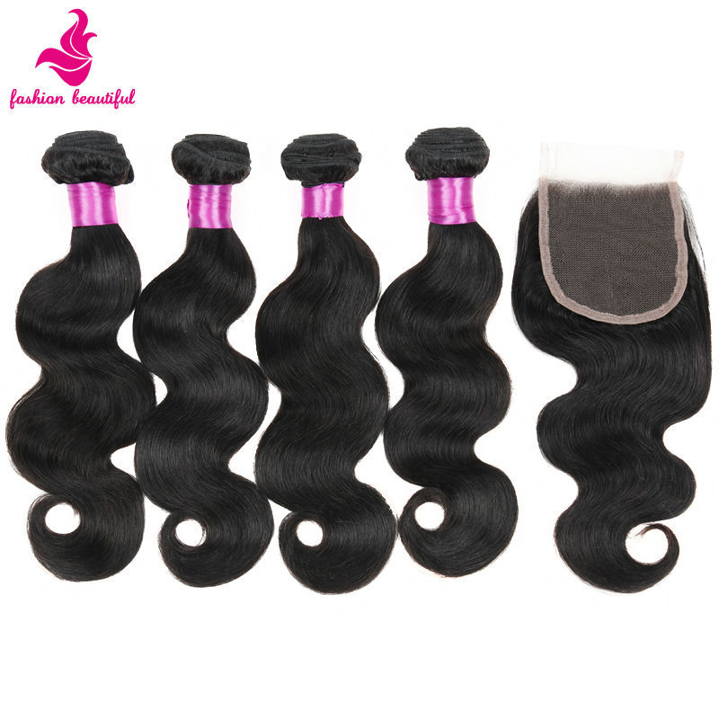 Image of Brazilian Virgin Hair With Closure 4 Bundles With Closure 7A Unprocessed Human Hair Weave Brazilian Body Wave With Closure