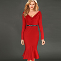 eSale Women s Elegant Mermaid Pleated Deep V Neck Plunge Belted Wear to Work Office Party
