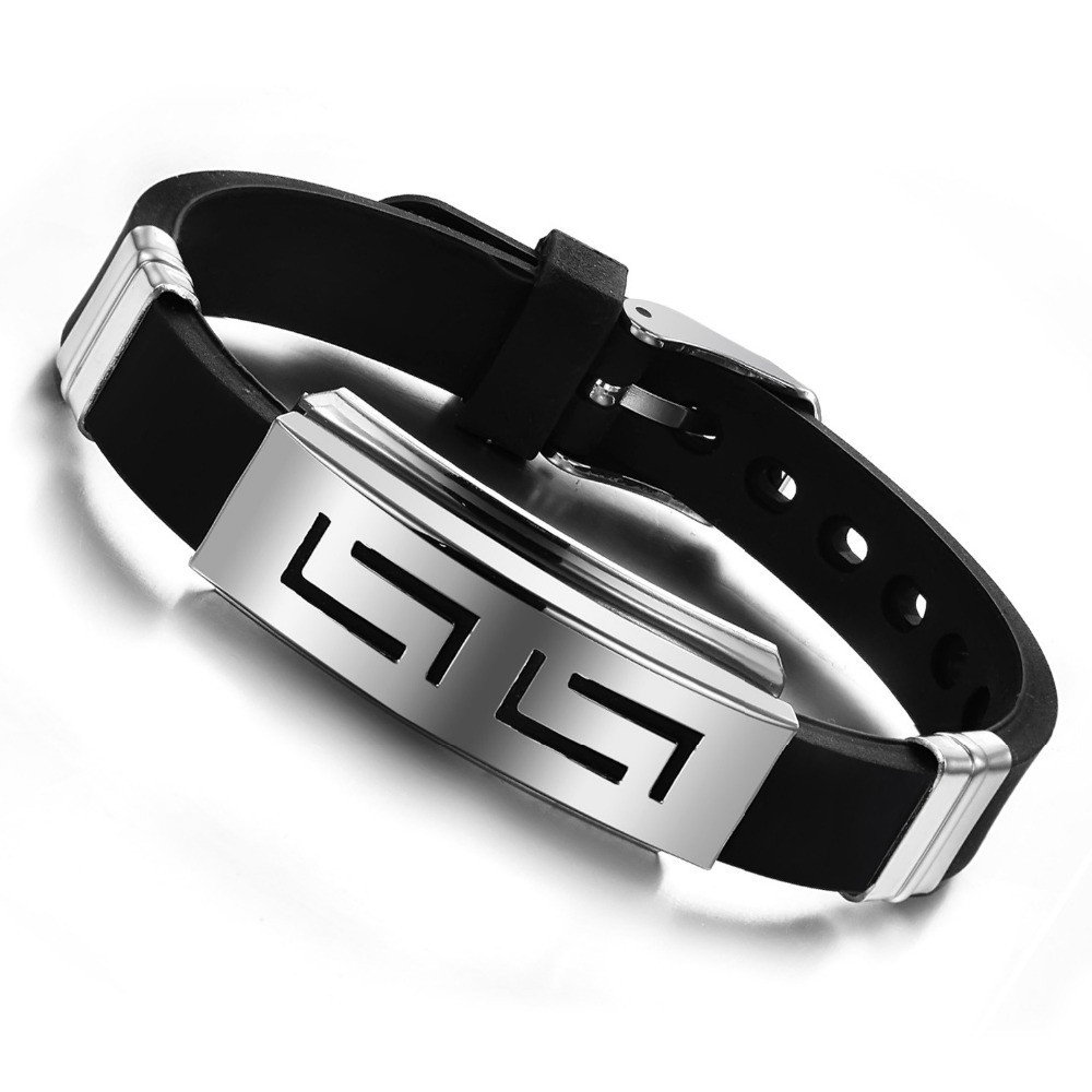 Image of Men Silicone Bracelet Black Rubber Stainless Steel Wristband Women Silver Charm Cuff Bangle Punk Jewelry Accessories