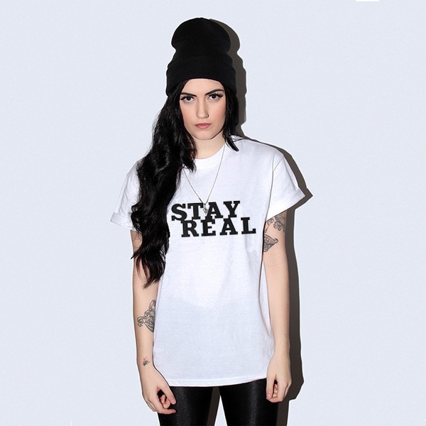 600px women model stay real t shirt white