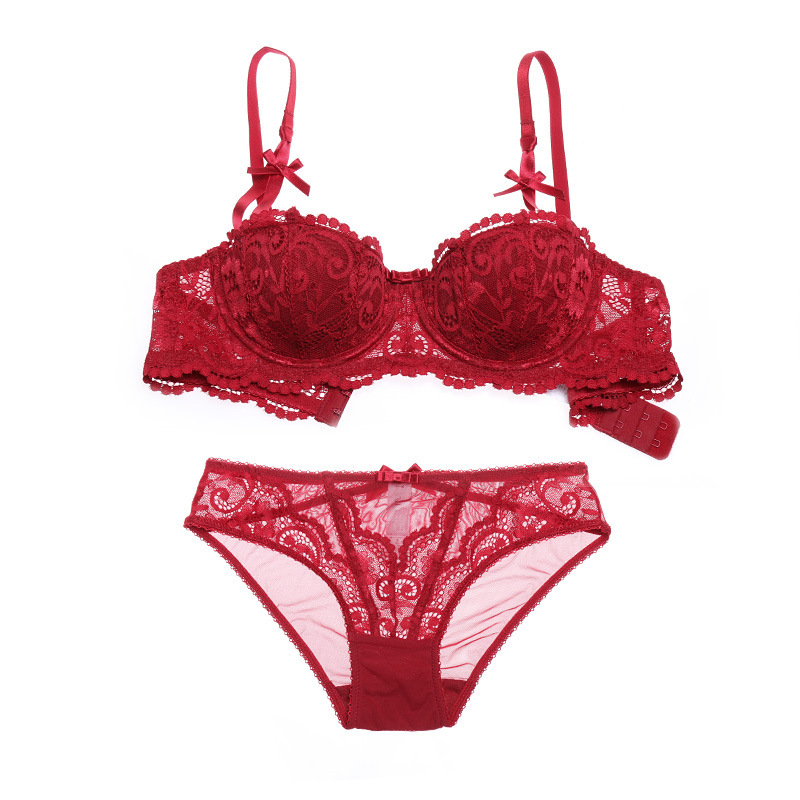 Summer 2016 french Women Underwear bra set Red embroidery ultra thin Models Sexy Transparent 