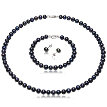 New Arrival Fine Freshwater Pearl Jewelry Set Women’s 925 Sterling Silver Earrings with 6mm-7mm Black Freshwater Pearl