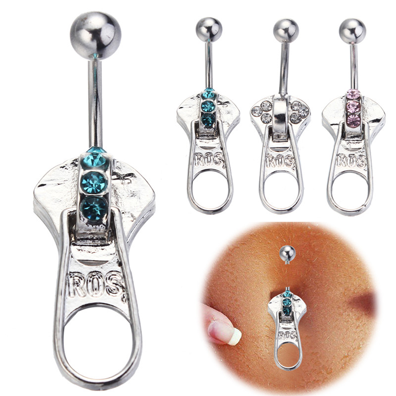 Image of 1Pc Body Piercing Navel Belly Button Ring Bar Rhinestone Zipper Style 316L Surgical Steel 14G Belly Ring