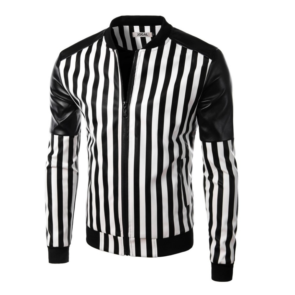 New 2015 Autumn And Winter Personality Black And White Striped Men's PU