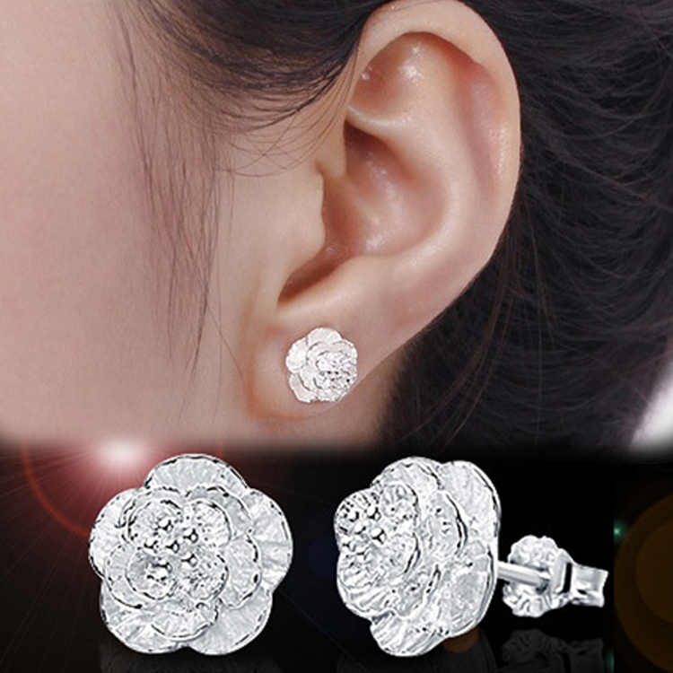 Image of Hot Women Fashion Bijouterie Romantic Cherry Flowers Silver Ear Studs Earrings Lovers Gifts Free Shipping EAR-0423-SV