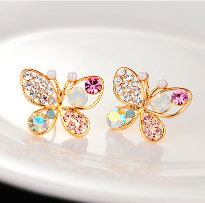 Image of Hollow Colorful Cystal Simulated Pearl Butterfly Stud Earrings Gold Cubic Zirconia Rhinestone Pendientes Women Jewelry Accessory