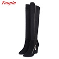Woman Wedges Knee high Boots Winter Short Plush Nubuck Leather Pointed Toe Long Boots Sheepskin Fashion