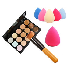15 Color Concealer Palette +  Wooden Handle Brush + Teardrop-shaped Puff Makeup Base Foundation Concealers Face Powder