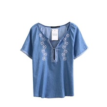 2015 Summer Women s Casual Loose Embroidered V Neck Blue Jeans Denim T shirts Simple Tees