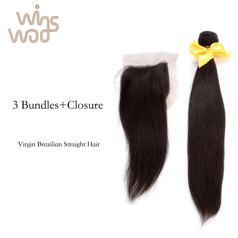 Image of Brazilian Virgin Hair Straight Hair Weft 3 Bundles With Closure, Unprocessed Virgin Straight Brazilian Hair Weave