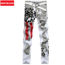 Plus Size 28-48 USA Flag Men Printed Jeans Slim Fit High Quality Striped Star Pattern Denim Straight Skinny Jeans 8231