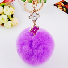 New 2015 Cute Genuine Leather Rabbit fur ball plush key chain for car key ring Bag Pendant car keychain