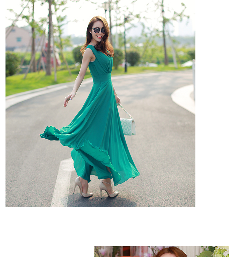 2015 Summer Plus size Woman Casual Chiffon Long dress Solid sleeveless V-Neck Floor length White Color S~XXL Women clothing -3