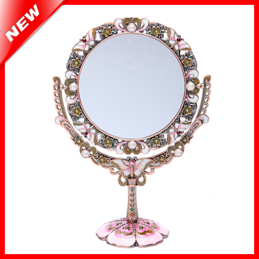 Antique Double-Sided Swivel Vanity Makeup Mirror with Inlaid Rhinestone Retro Decorative Table Cosmetic Mirror Espejo Espelho