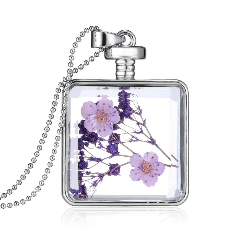 Silver Plated Square Shape Glass Bottle Mini Dried Flower Pendant Necklaces of Women Wholesale Jewelry Flower Necklace N024 23\'\' N02402