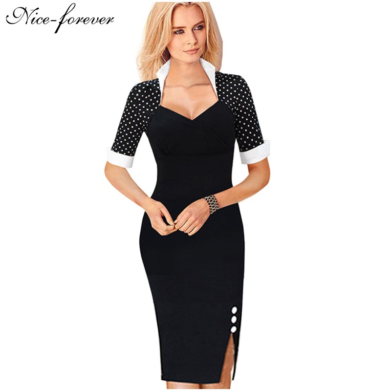 Nice forever Polka Dots Elegant Women Patchwork Buttons Square Neck Sheath Dress business Wear to Work