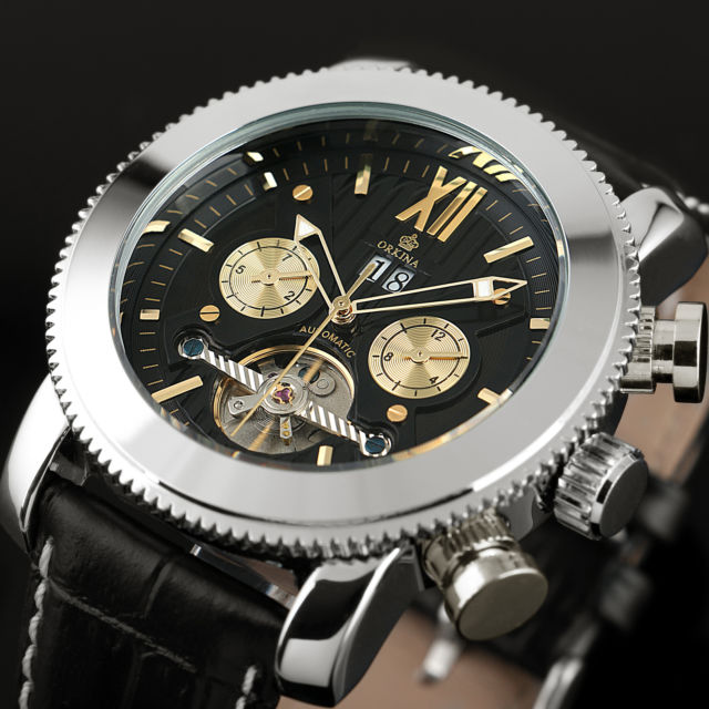 Orkina Flywheel Men Day Black Dial Self-wind Wrist Mechanical Watch+Gift Box Free Ship