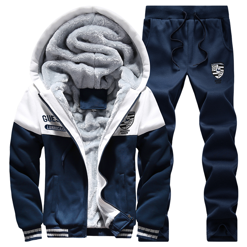 2015 Winter Wool Liner Men's Hooded Sweatshirts Set Outdoor Cardigan Thickening Warm Tracksuit Jogging Running Sport Suits