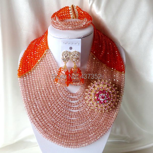 15 layers Orange and Peach Crystal Necklaces Bracelet Earrings Nigerian African Wedding Beads Jewelry Set  CPS-2316