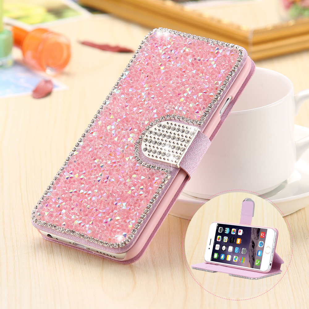 Bling Wallet Flip Case For iPhone 6 6S Fashion Full Glitter Rhinestone Card Slot Silk Leather Cover For iPhone 6 / 6S 1pcs/lot