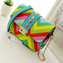 2016 women leather handbag crossbody bag over shoulder Rainbow chain ladies little bolsa Flap Panelled Cover fashion Cover print