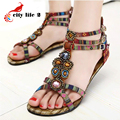 Black Friday 2016 New Roman Summer Flat Sandals Plus Size 41 Beaded Gemstone Women Bohemian Shoes