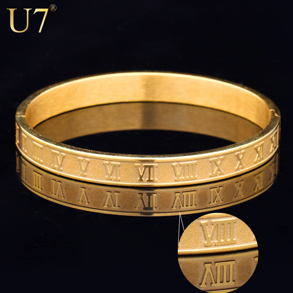 Buy U7 Roman Numerals Vintage Bangle Gold Plated Quality 316L Stainless Steel