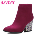 ESVEVA 2016 Zipper Autumn Shoes Women Flock Fashion Boots Ladies Thick High Heel Ankle Boots Party