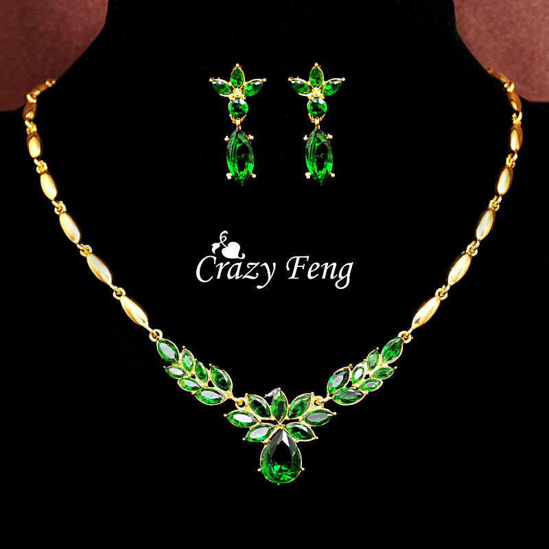 Image of Women's Fashion 18k Yellow Gold Plated CZ Diamond 3 colors Necklace+Earrings Flower Wedding Jewelry Sets Free shipping