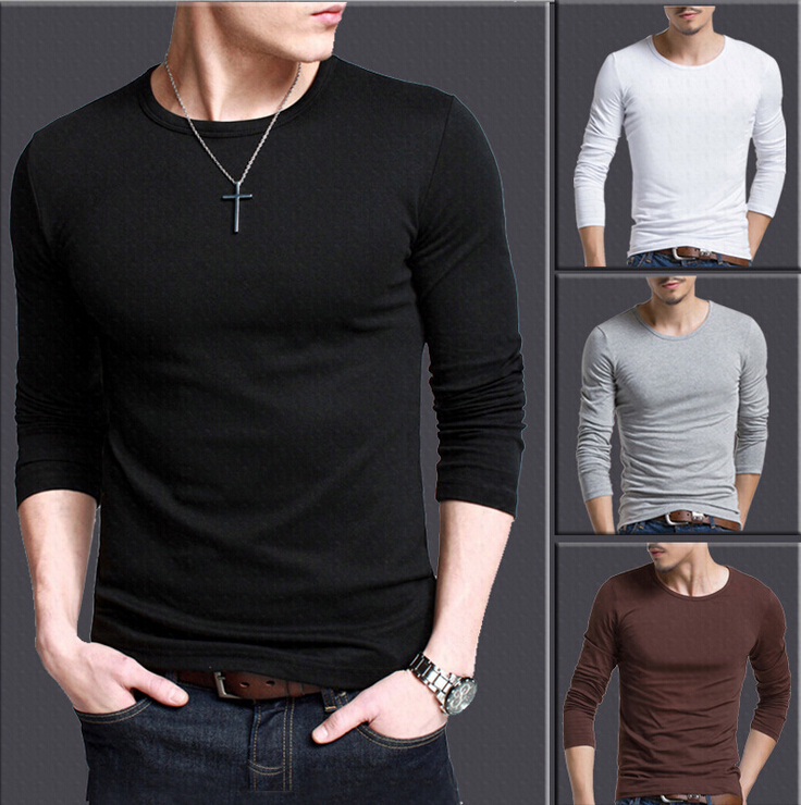 Image of Solid color Plus Size round neck T Shirts Men Long Sleeve Cotton Gym Fitness men's Undershirt 2015