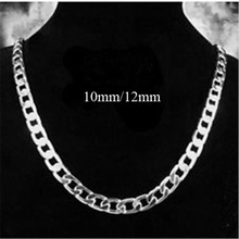 Fashion 925 Sterling Silver 10MM/12MM Solid Flat  Men Chain Necklace Jewelry