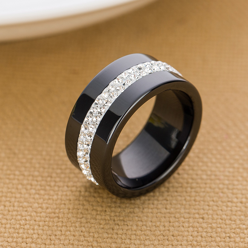 New 10MM Black and White 2 Row Crystal Ceramic Ring Women Engagement Promise Wedding Band Gifts