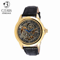 Men Skeleton Mechanical Hand Wind Watch Black Leather Belt Gold Case Relogio relogio esqueleto Designer Mens